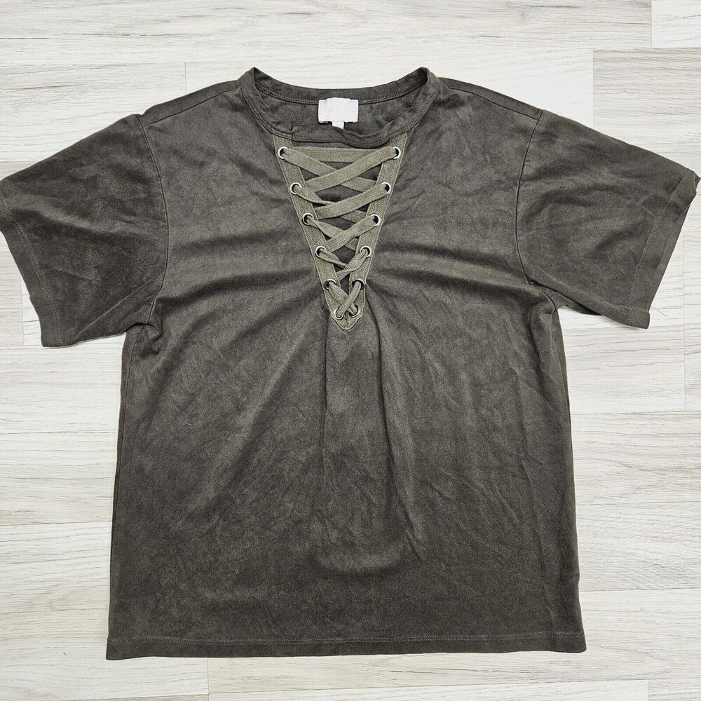 KARLIE Womens Olive Green Velvet Velour Lace Up Shirt Size Small